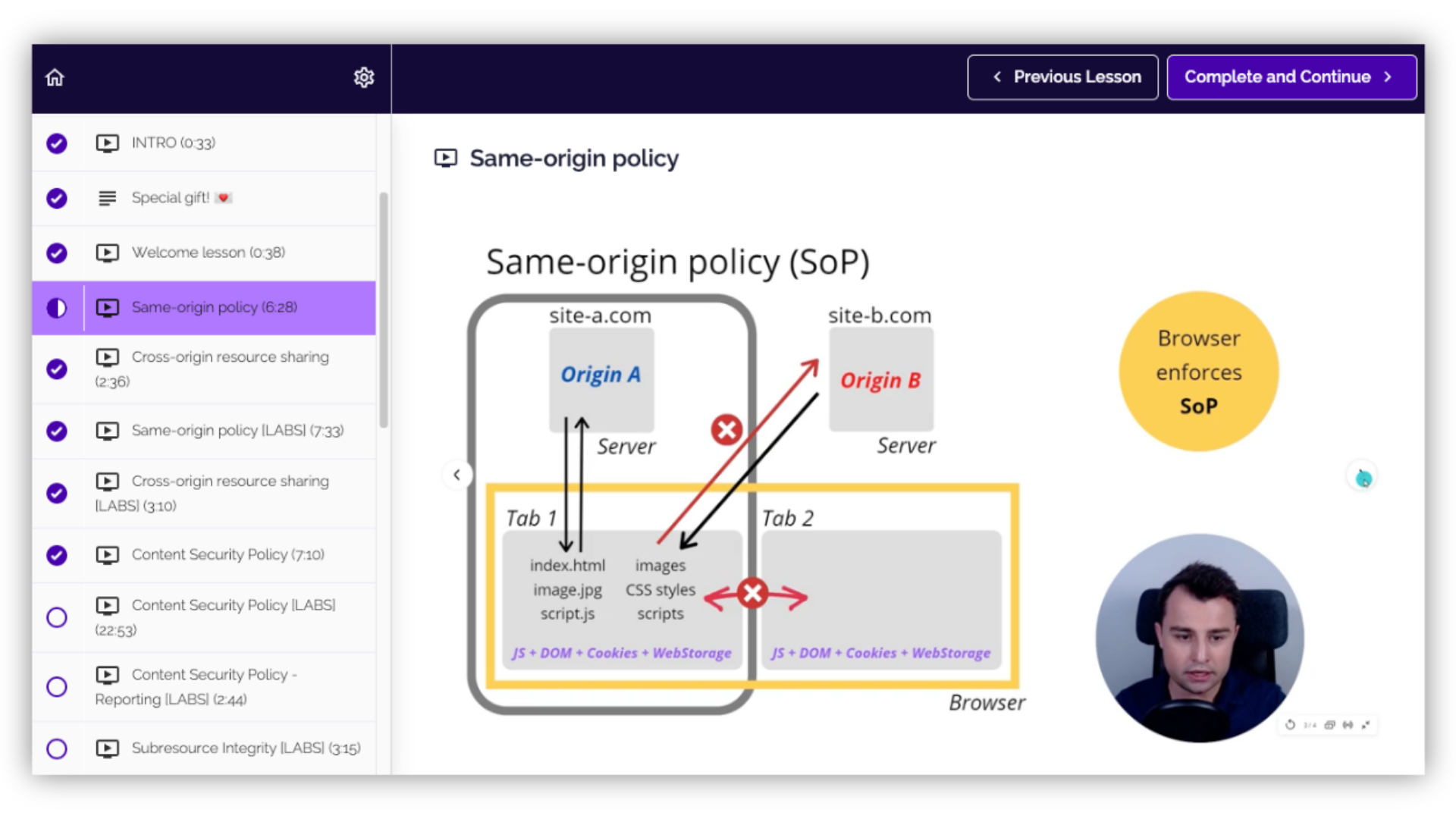 Browser Security Starter Kit platform screen showing short focused lessons and a visual Same-Origin Policy explanation.