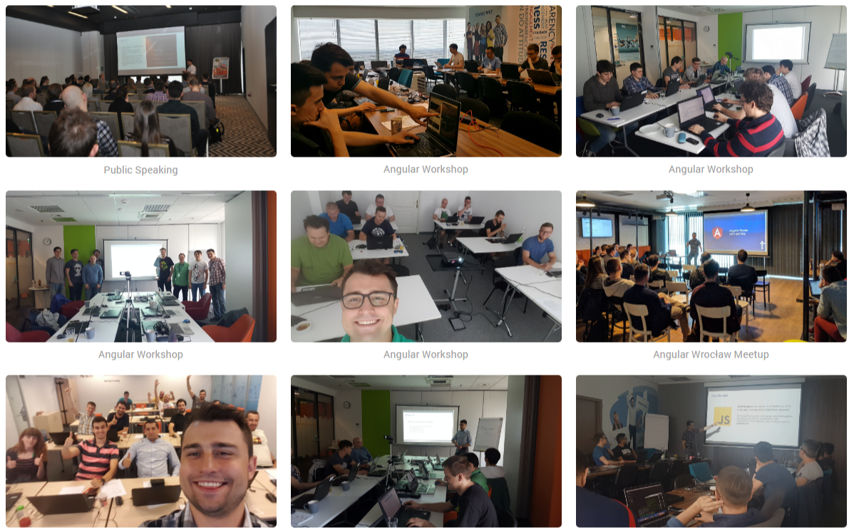 Photos from developer workshops, public speaking events, and meetups taught by Bartosz Pietrucha.